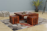 Mobell Solid Sheesham Wood Coffee Table Set With Four Stools (Capsule, Natural Finish)